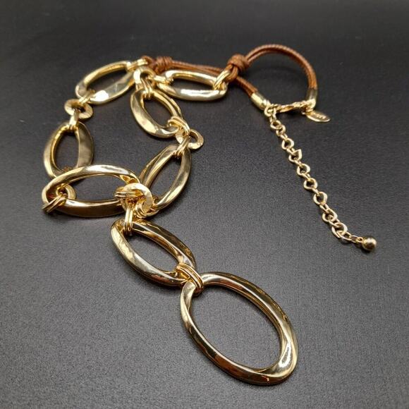 Chico's Golden Link Necklace, Brown Twisted Leather Cord, 25 Inches - Picture 6 of 12